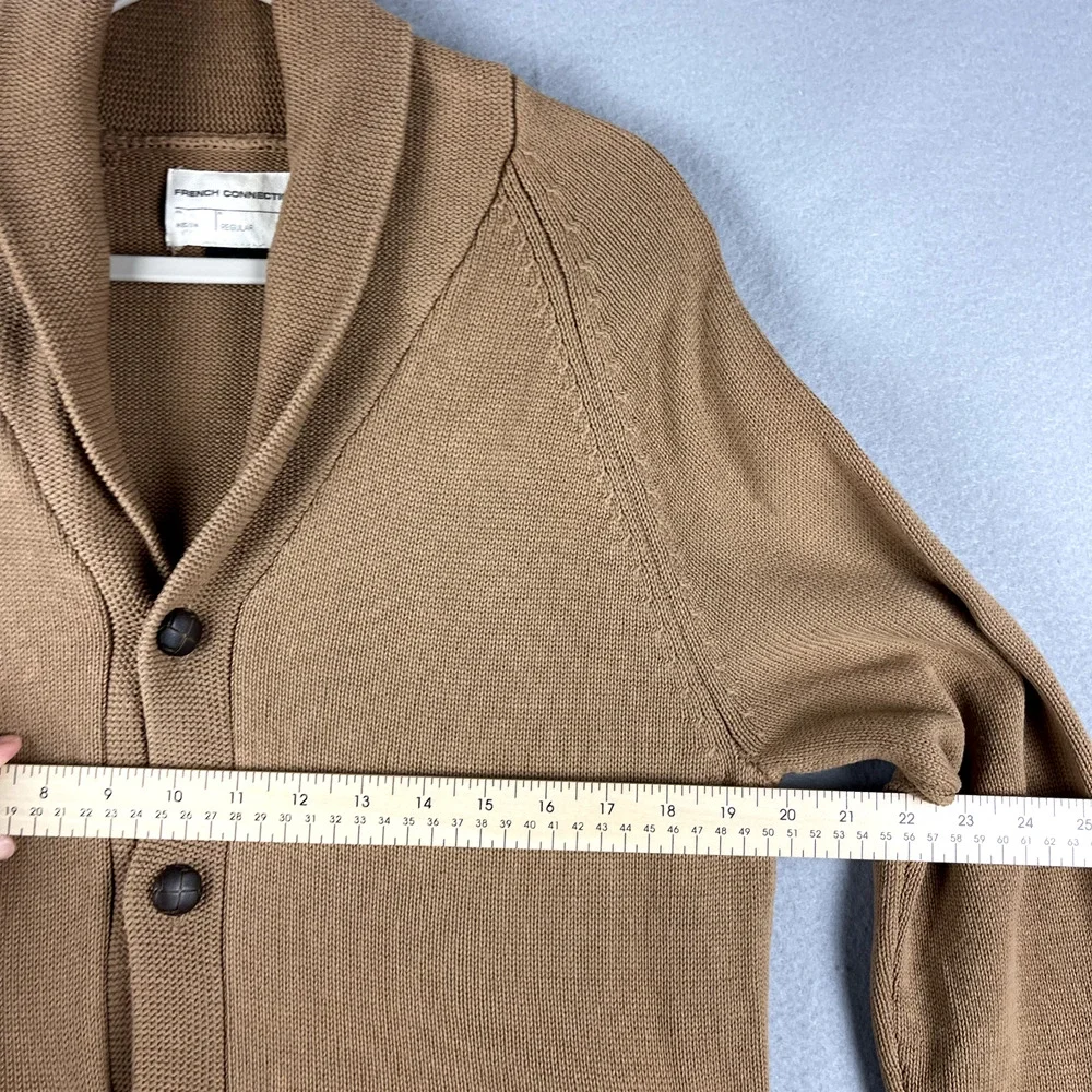 French Connection Safari Cardigan Sweater Mens Medium Tan Shawl Collar Cotton